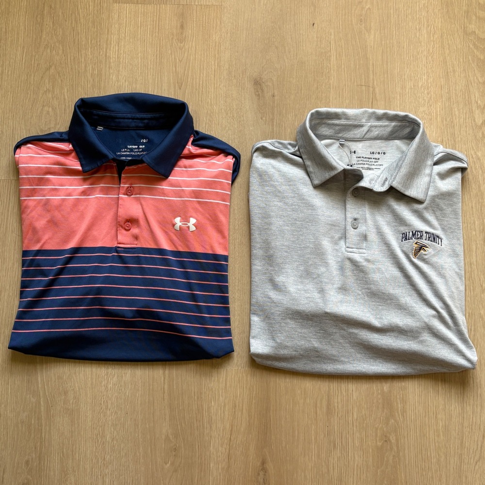 LOT OF 2 Under Armour Golf Playoff Polos Mens Large Striped Blue Pink Solid Gray